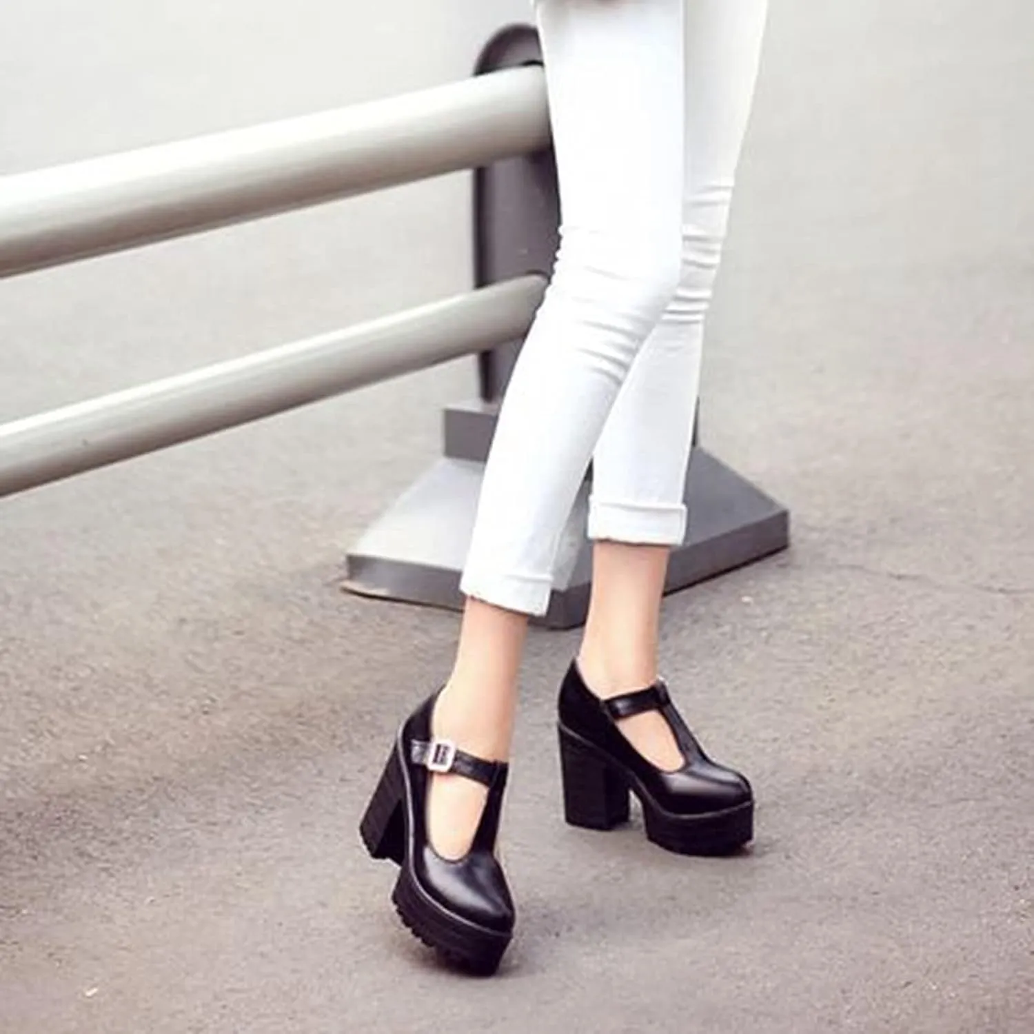 Women's Classic Platform Oxford Pumps T-Strap Chunky High Heel Fashion PU Leather Round Toe Dress Shoes
