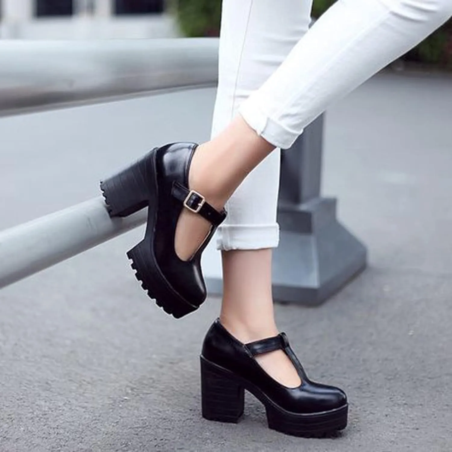 Women's Classic Platform Oxford Pumps T-Strap Chunky High Heel Fashion PU Leather Round Toe Dress Shoes
