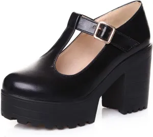 Women's Classic Platform Oxford Pumps T-Strap Chunky High Heel Fashion PU Leather Round Toe Dress Shoes