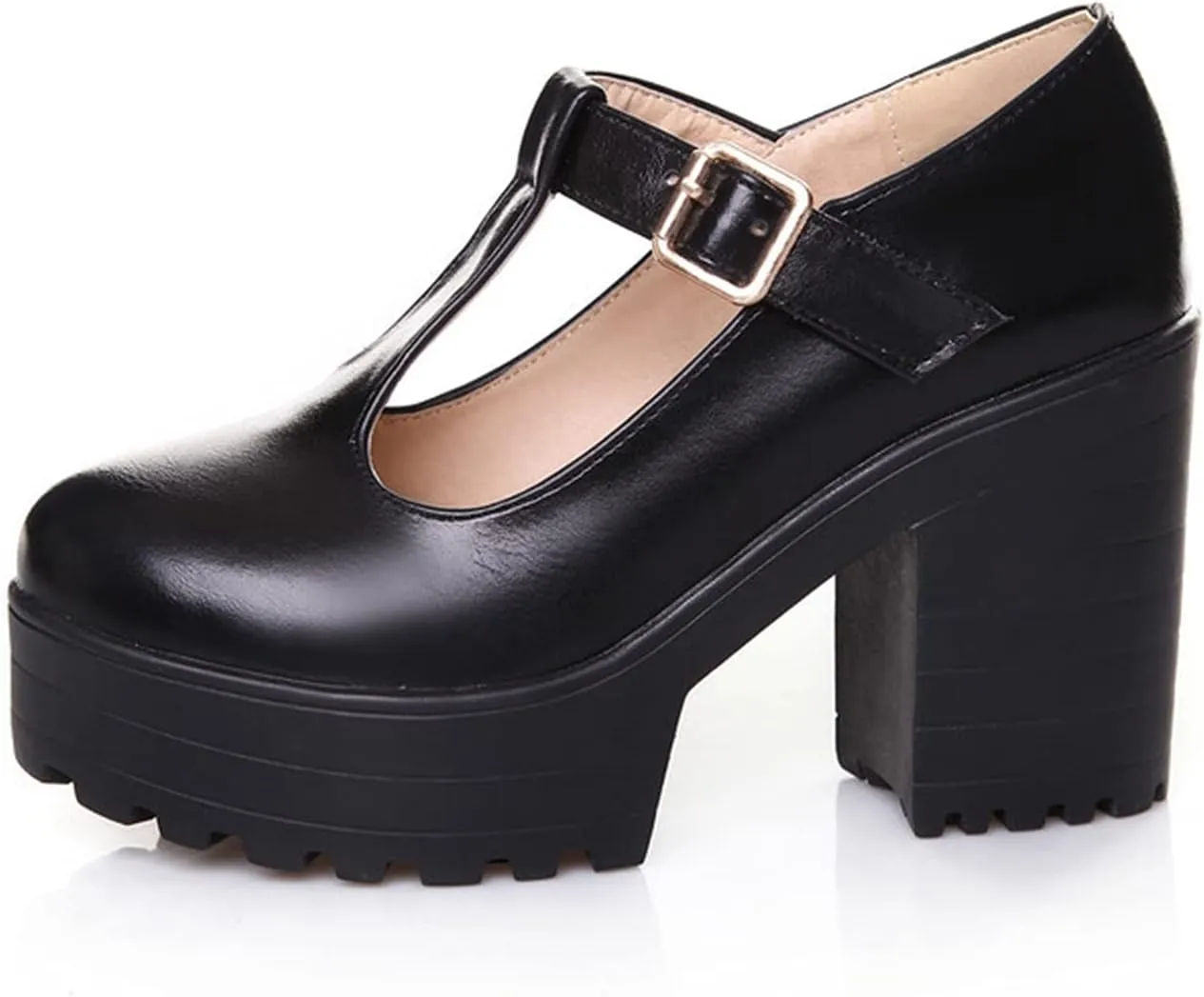 Women's Classic Platform Oxford Pumps T-Strap Chunky High Heel Fashion PU Leather Round Toe Dress Shoes