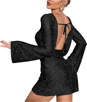Womens Cocktail Party Dress, Sequins Long Bell Sleeve Backless Comfy Tight Fit Elegant Formal Prom Sexy Mini Dresses