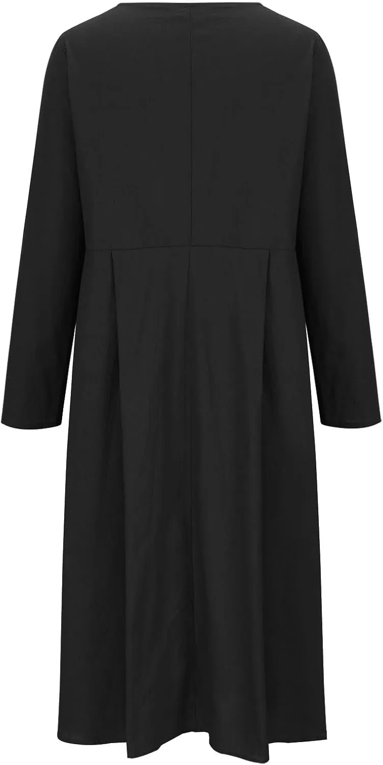 Women's Cotton Linen Dress Fall Button Down V-Neck Elegant Dress with Pocket Long Sleeve Outdoor Cardigan Maxi Dress