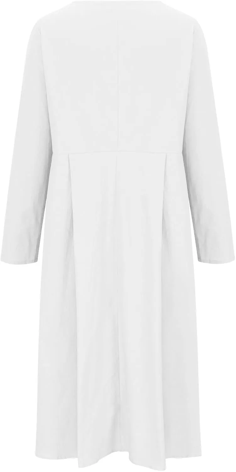 Women's Cotton Linen Dress Fall Button Down V-Neck Elegant Dress with Pocket Long Sleeve Outdoor Cardigan Maxi Dress