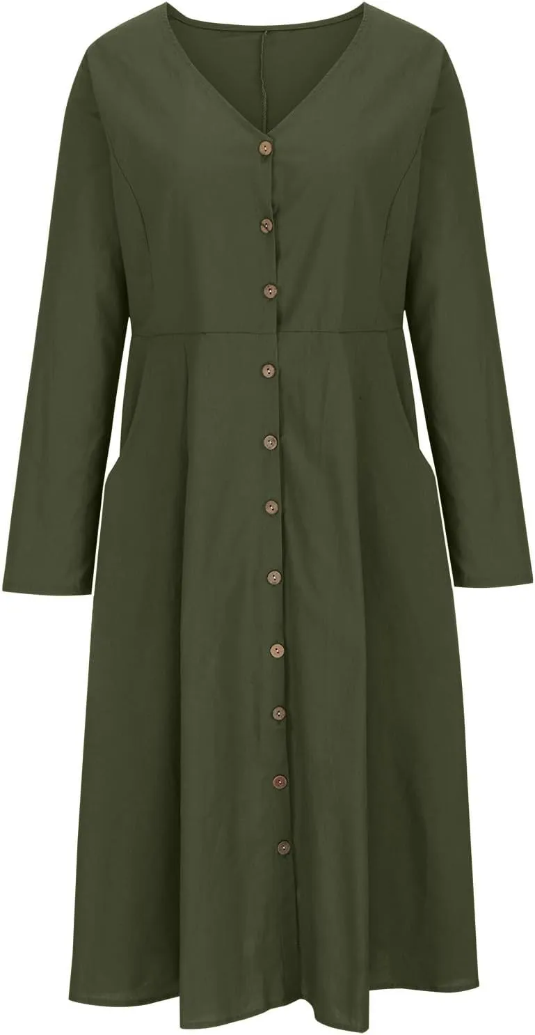 Women's Cotton Linen Dress Fall Button Down V-Neck Elegant Dress with Pocket Long Sleeve Outdoor Cardigan Maxi Dress