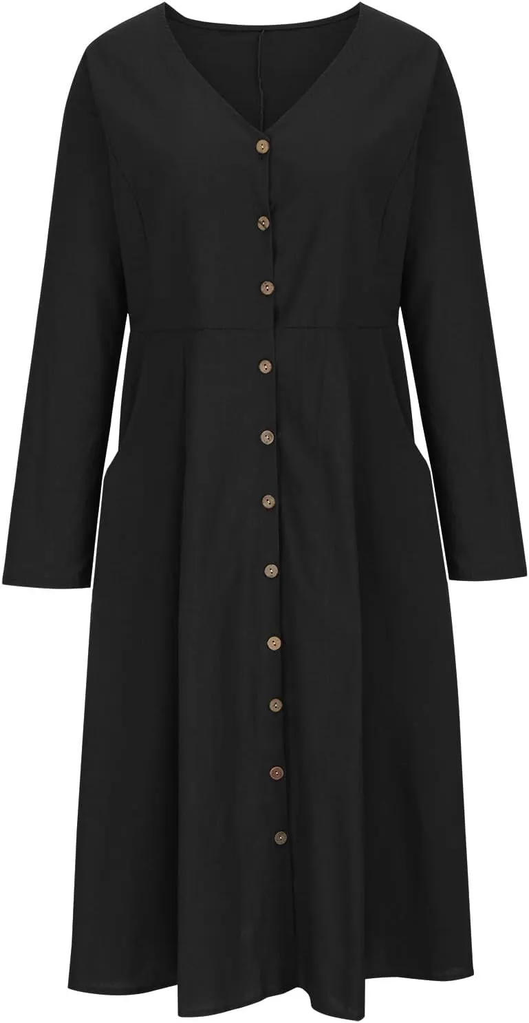 Women's Cotton Linen Dress Fall Button Down V-Neck Elegant Dress with Pocket Long Sleeve Outdoor Cardigan Maxi Dress