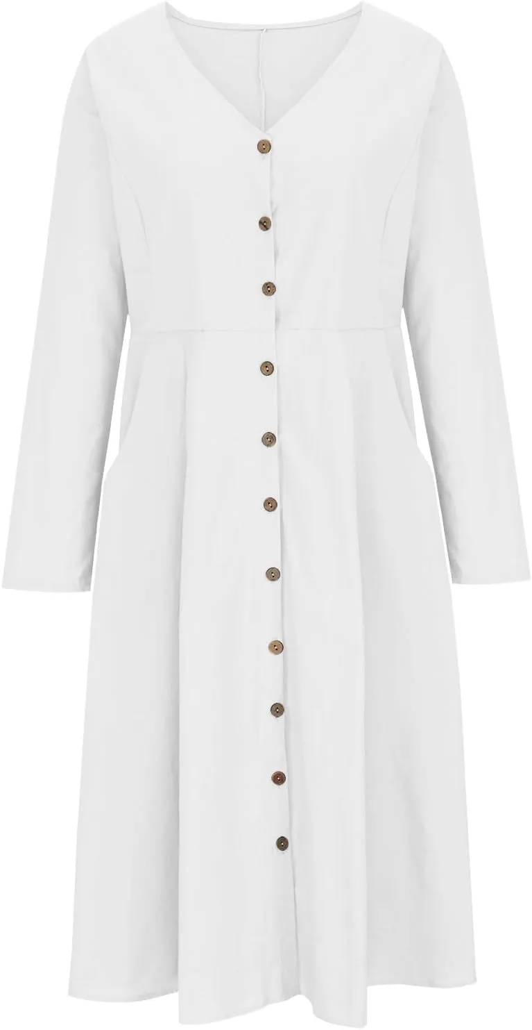 Women's Cotton Linen Dress Fall Button Down V-Neck Elegant Dress with Pocket Long Sleeve Outdoor Cardigan Maxi Dress