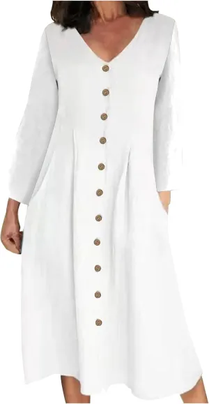 Women's Cotton Linen Dress Fall Button Down V-Neck Elegant Dress with Pocket Long Sleeve Outdoor Cardigan Maxi Dress