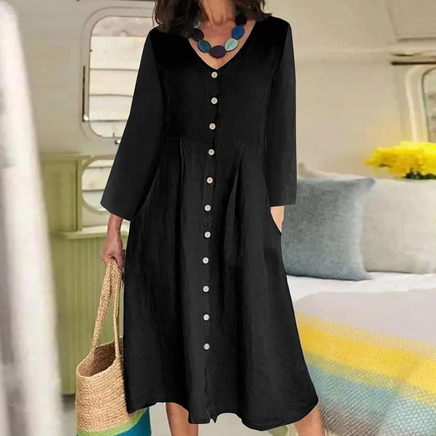 Women's Cotton Linen Dress Fall Button Down V-Neck Elegant Dress with Pocket Long Sleeve Outdoor Cardigan Maxi Dress