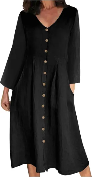Women's Cotton Linen Dress Fall Button Down V-Neck Elegant Dress with Pocket Long Sleeve Outdoor Cardigan Maxi Dress