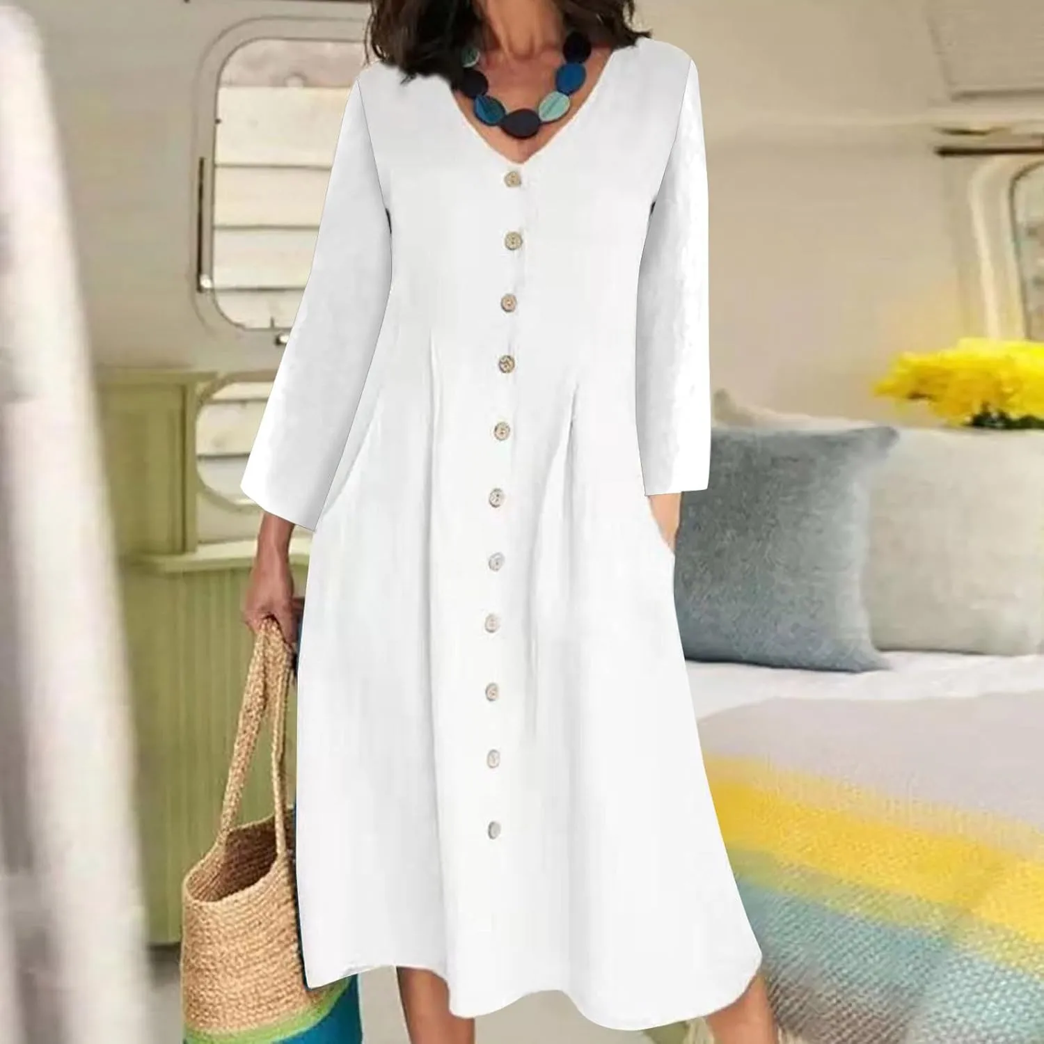 Women's Cotton Linen Dress Fall Button Down V-Neck Elegant Dress with Pocket Long Sleeve Outdoor Cardigan Maxi Dress