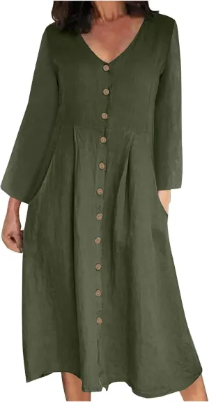 Women's Cotton Linen Dress Fall Button Down V-Neck Elegant Dress with Pocket Long Sleeve Outdoor Cardigan Maxi Dress