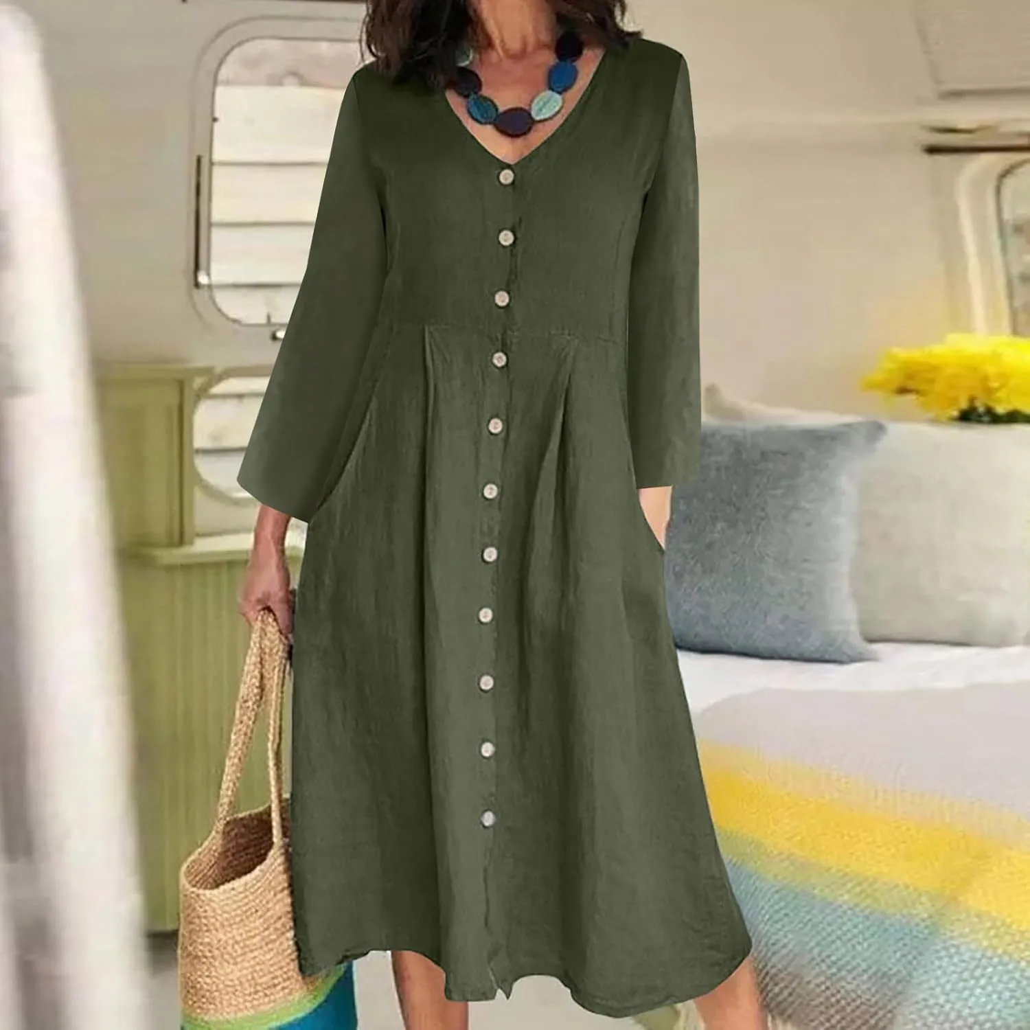 Women's Cotton Linen Dress Fall Button Down V-Neck Elegant Dress with Pocket Long Sleeve Outdoor Cardigan Maxi Dress