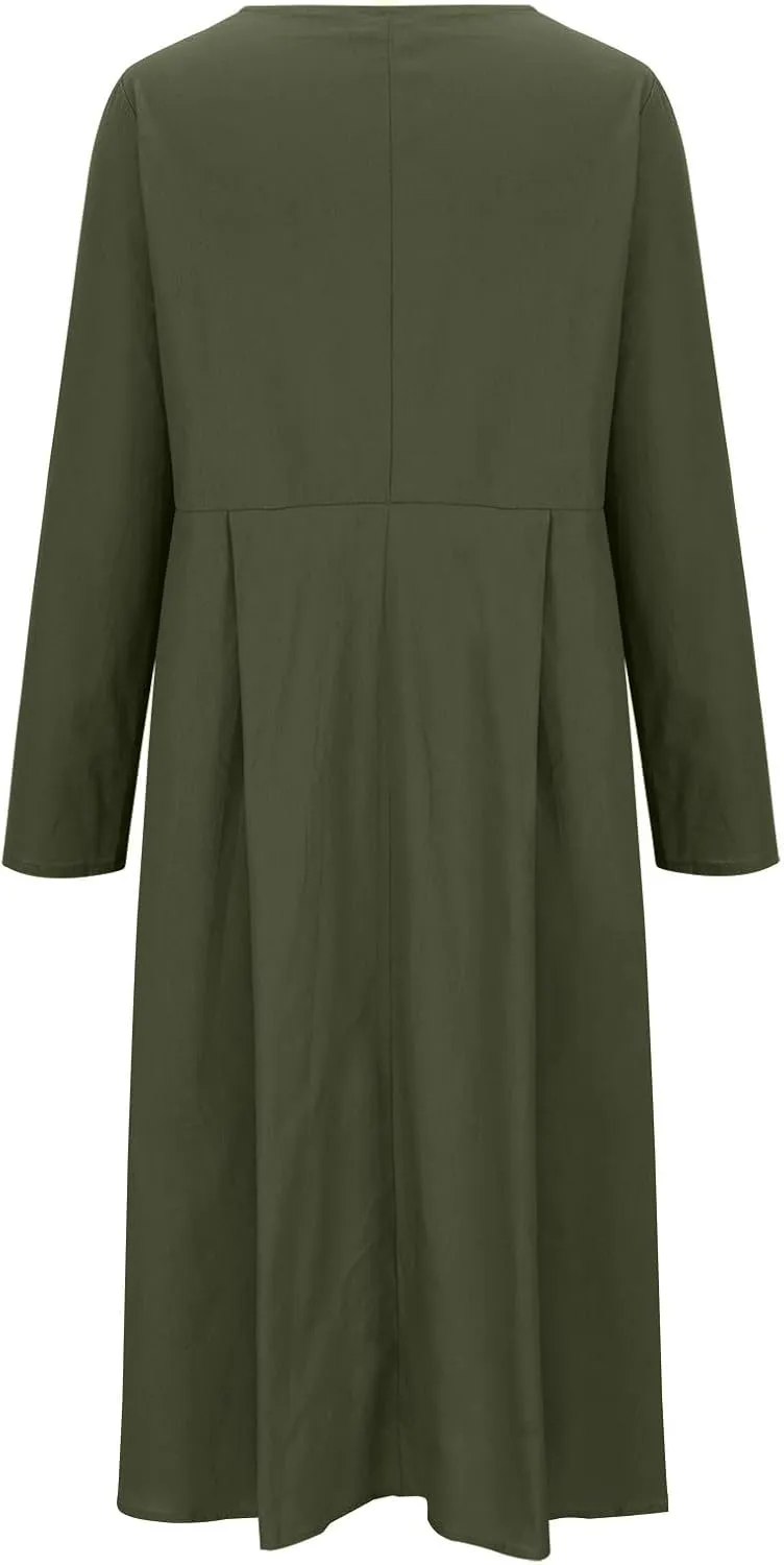 Women's Cotton Linen Dress Fall Button Down V-Neck Elegant Dress with Pocket Long Sleeve Outdoor Cardigan Maxi Dress