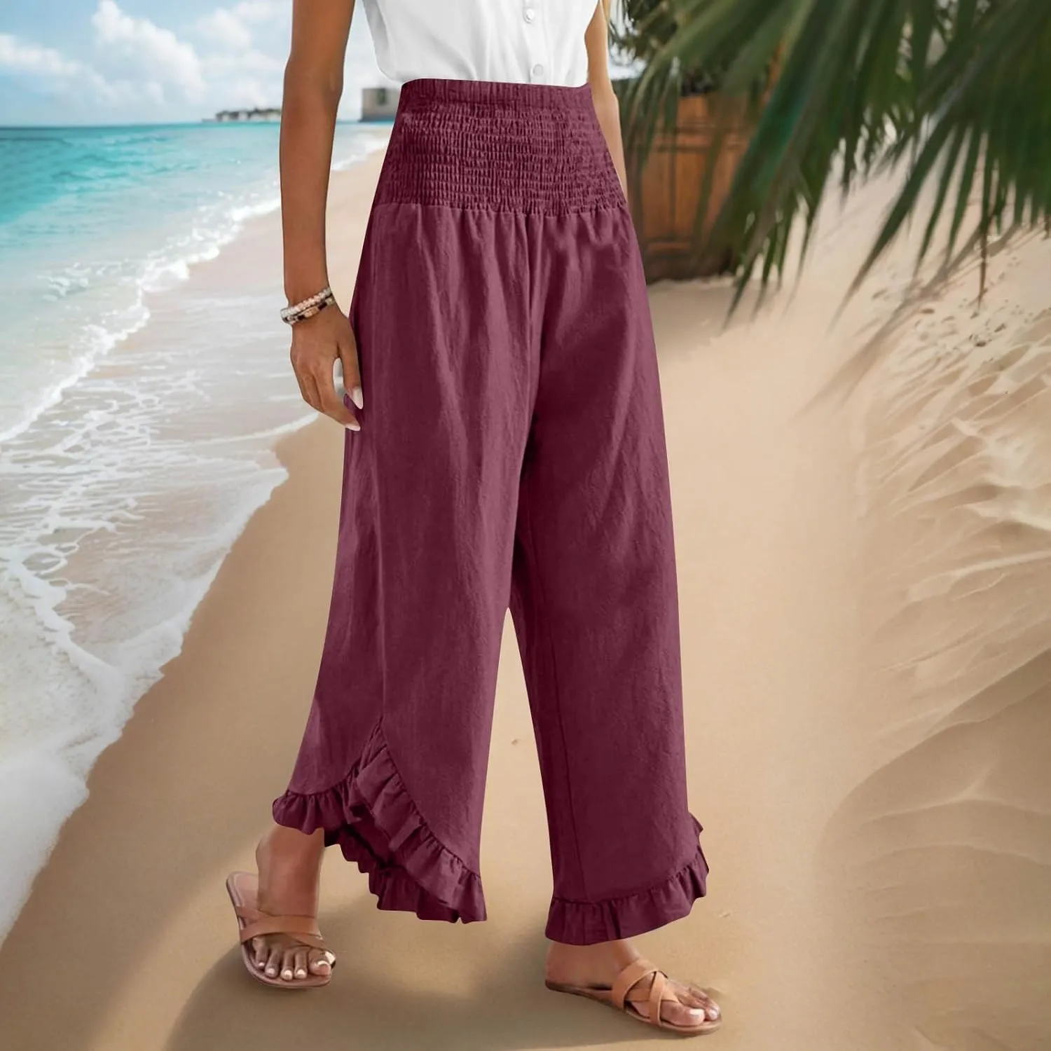 Women's Cotton Linen Pant Summer Wide Leg Trousers Casual Elastic Drawstring High Waist Palazzo Pants Pockets S-XXL