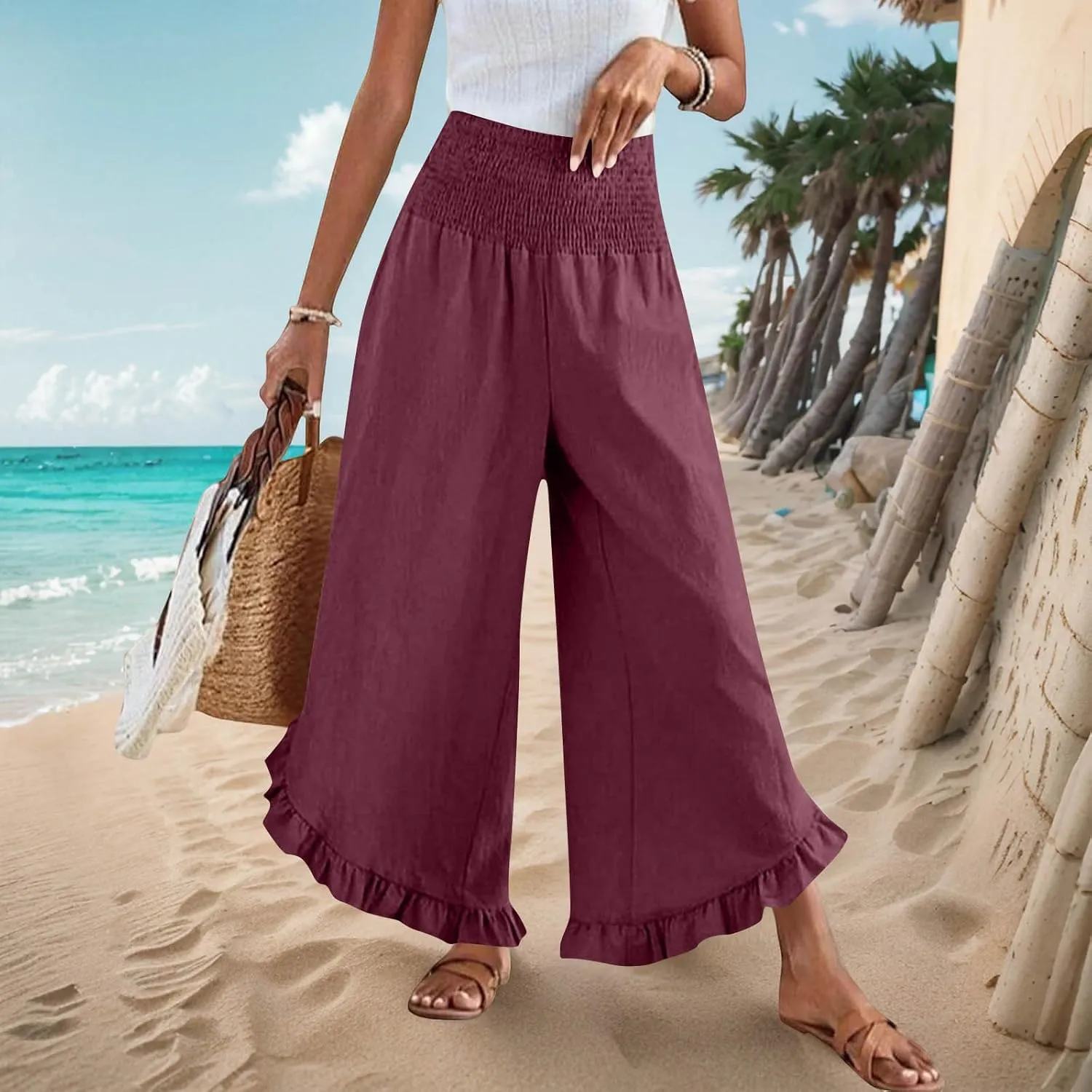 Women's Cotton Linen Pant Summer Wide Leg Trousers Casual Elastic Drawstring High Waist Palazzo Pants Pockets S-XXL