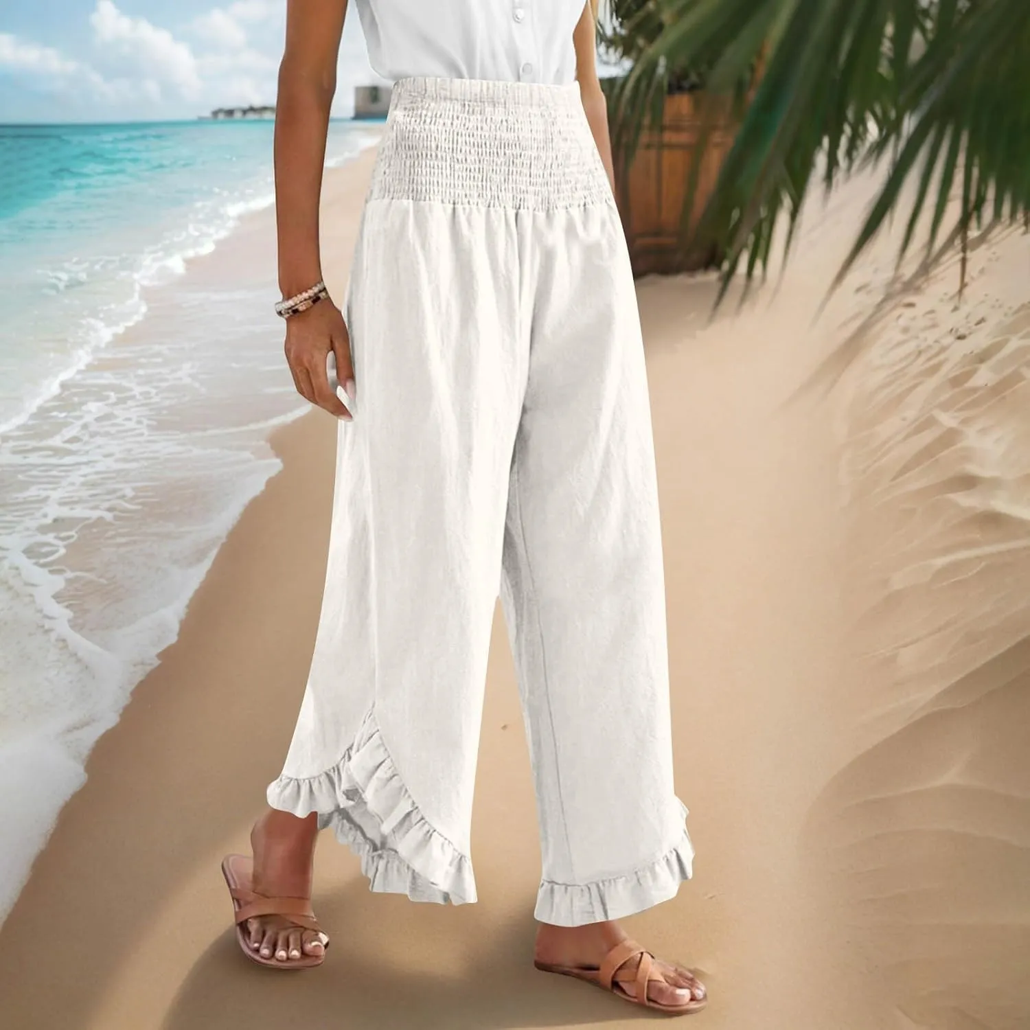 Women's Cotton Linen Pant Summer Wide Leg Trousers Casual Elastic Drawstring High Waist Palazzo Pants Pockets S-XXL