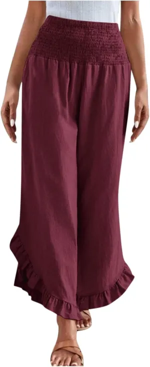 Women's Cotton Linen Pant Summer Wide Leg Trousers Casual Elastic Drawstring High Waist Palazzo Pants Pockets S-XXL