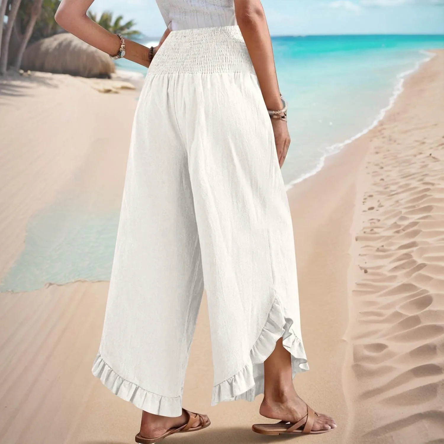 Women's Cotton Linen Pant Summer Wide Leg Trousers Casual Elastic Drawstring High Waist Palazzo Pants Pockets S-XXL