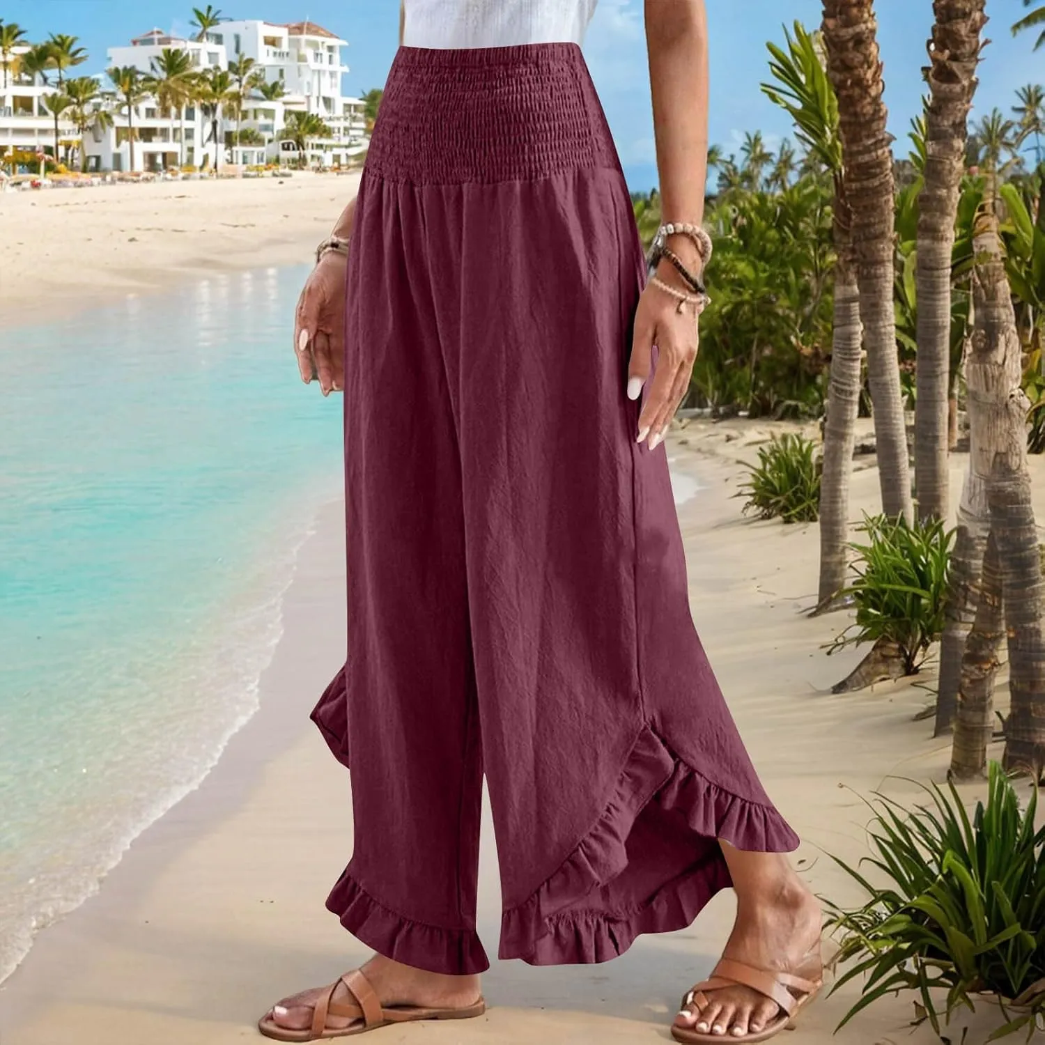Women's Cotton Linen Pant Summer Wide Leg Trousers Casual Elastic Drawstring High Waist Palazzo Pants Pockets S-XXL