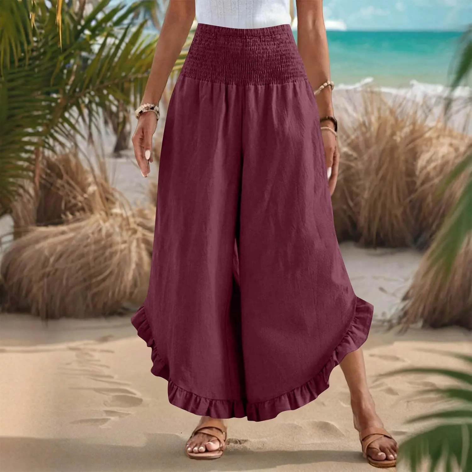 Women's Cotton Linen Pant Summer Wide Leg Trousers Casual Elastic Drawstring High Waist Palazzo Pants Pockets S-XXL