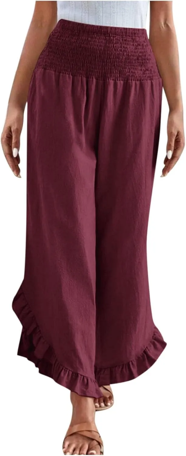 Women's Cotton Linen Pant Summer Wide Leg Trousers Casual Elastic Drawstring High Waist Palazzo Pants Pockets S-XXL