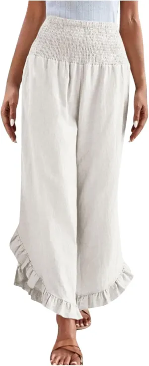 Women's Cotton Linen Pant Summer Wide Leg Trousers Casual Elastic Drawstring High Waist Palazzo Pants Pockets S-XXL