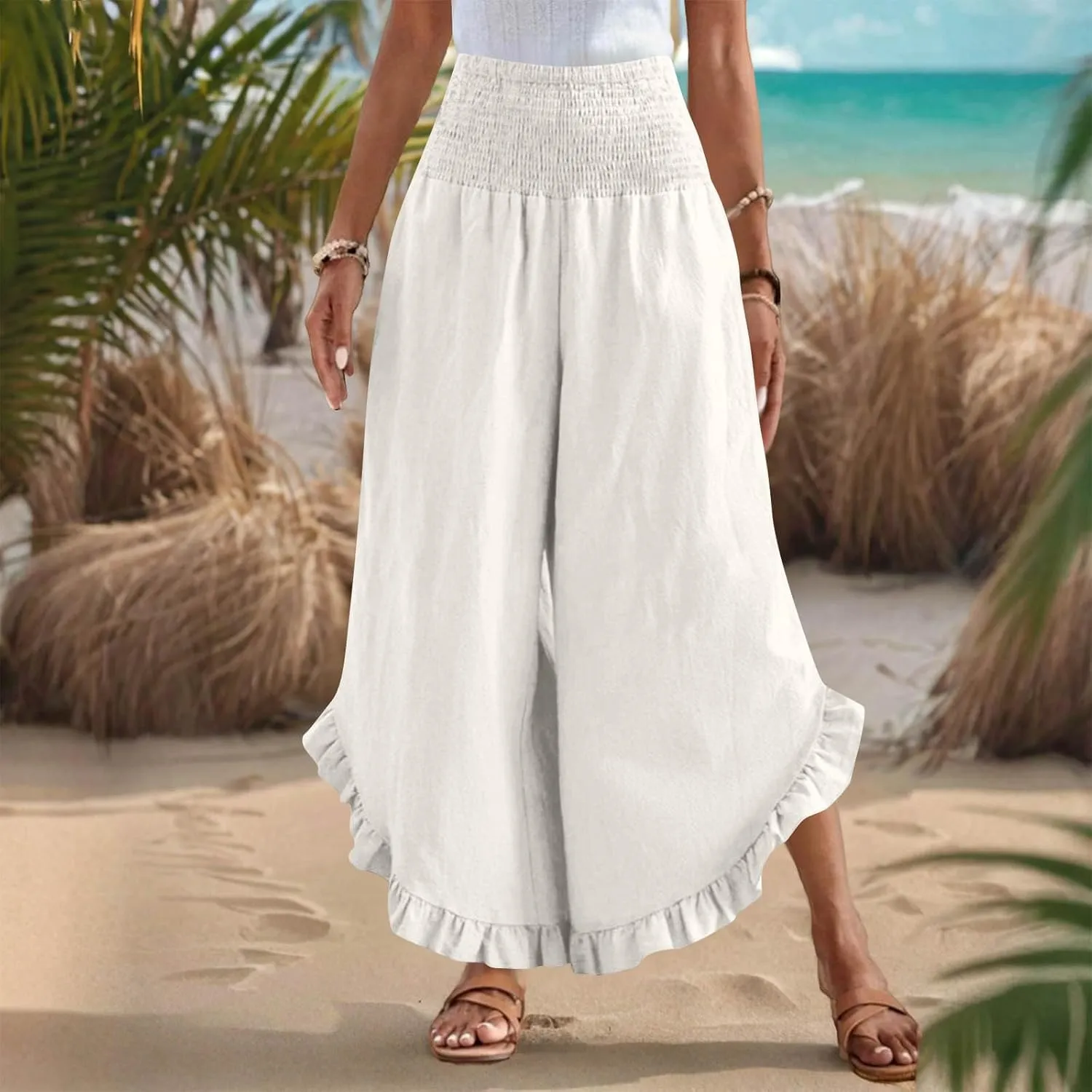 Women's Cotton Linen Pant Summer Wide Leg Trousers Casual Elastic Drawstring High Waist Palazzo Pants Pockets S-XXL