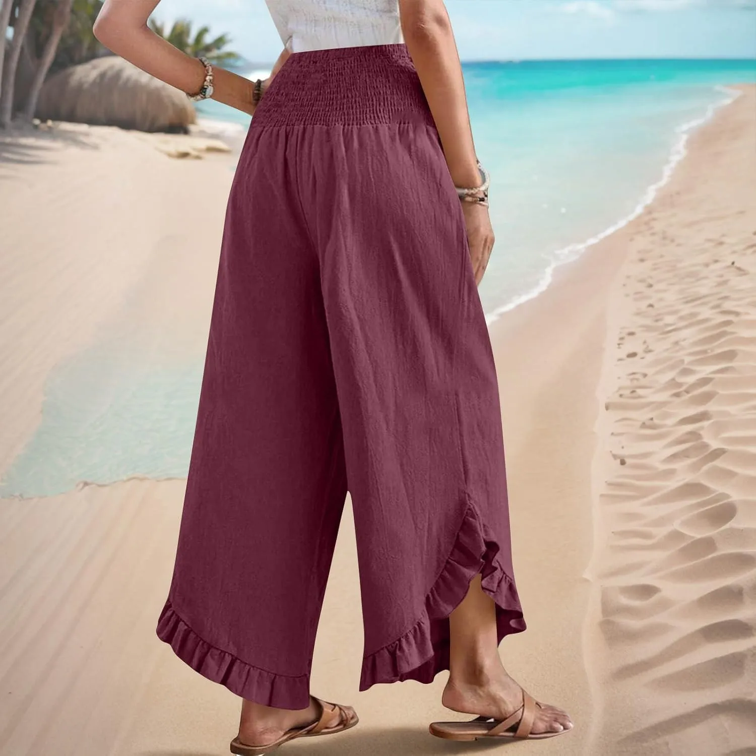Women's Cotton Linen Pant Summer Wide Leg Trousers Casual Elastic Drawstring High Waist Palazzo Pants Pockets S-XXL