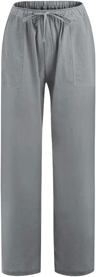 Womens Cotton Linen Summer Lightweigt Palazzo Pants High Waist Long Lounge Slim-Fit Pants Trendy