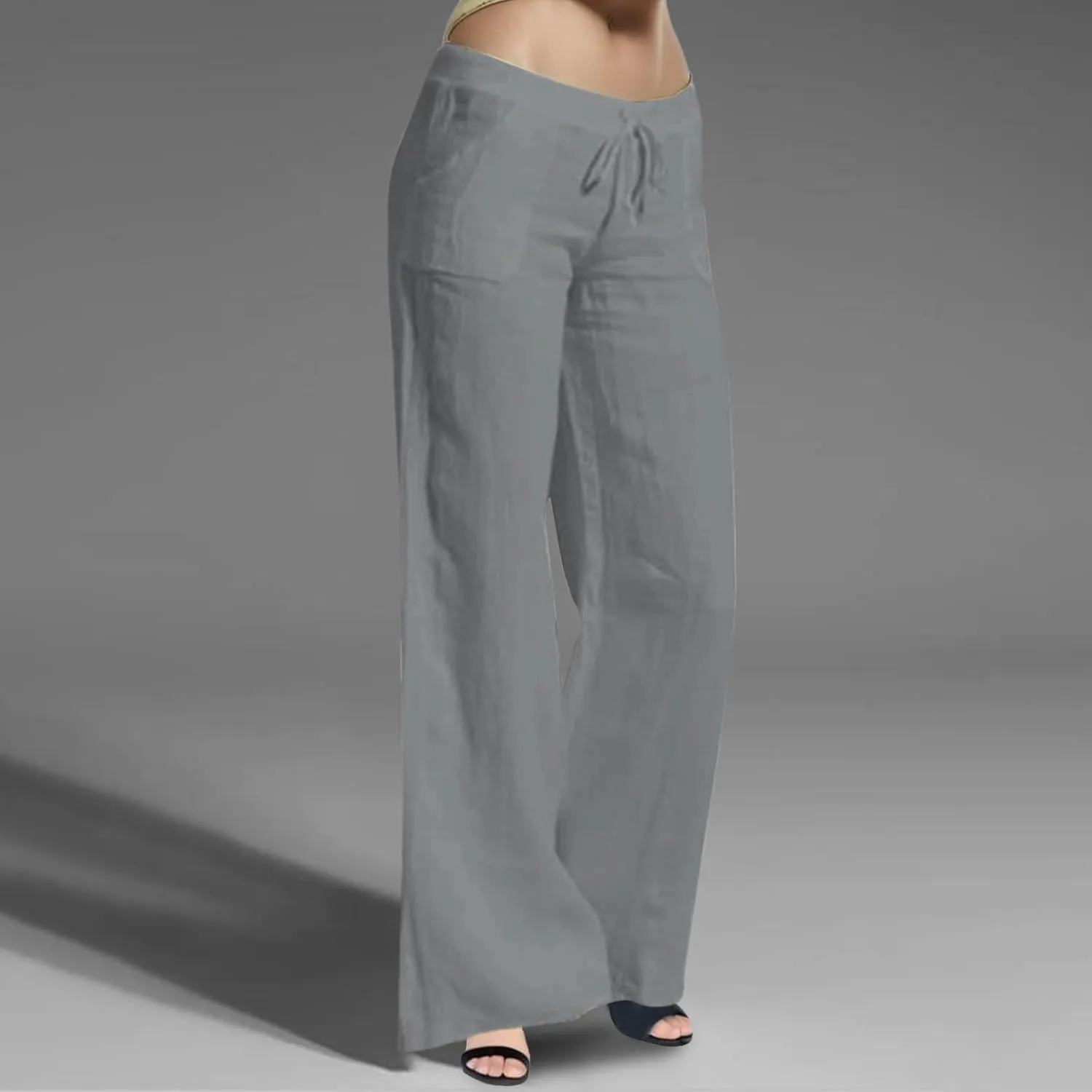 Womens Cotton Linen Summer Lightweigt Palazzo Pants High Waist Long Lounge Slim-Fit Pants Trendy