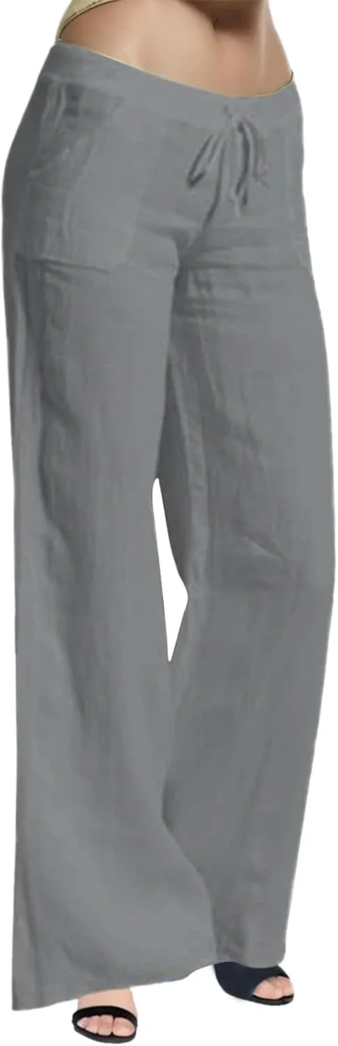 Womens Cotton Linen Summer Lightweigt Palazzo Pants High Waist Long Lounge Slim-Fit Pants Trendy