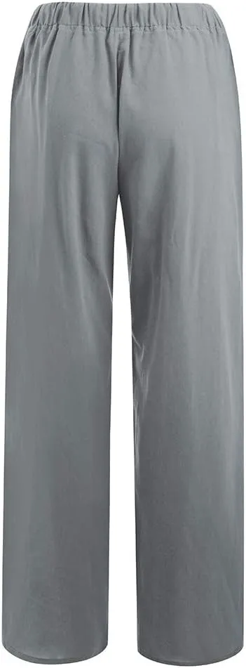 Womens Cotton Linen Summer Lightweigt Palazzo Pants High Waist Long Lounge Slim-Fit Pants Trendy