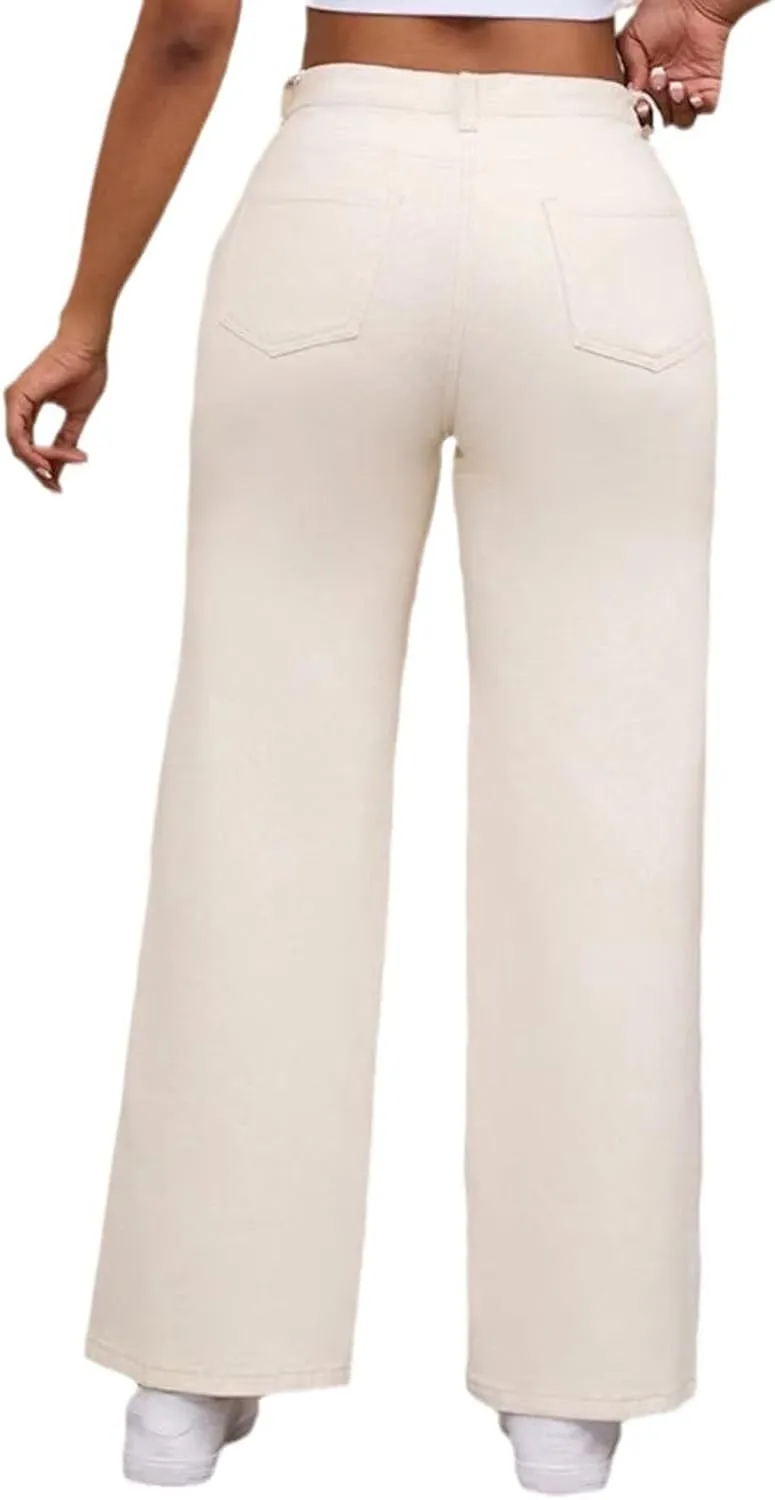 Women's Denim Pants Petite Button Up Wide Leg Jeans High Waisted Casual Summer Lounge Long Pants with Pockets