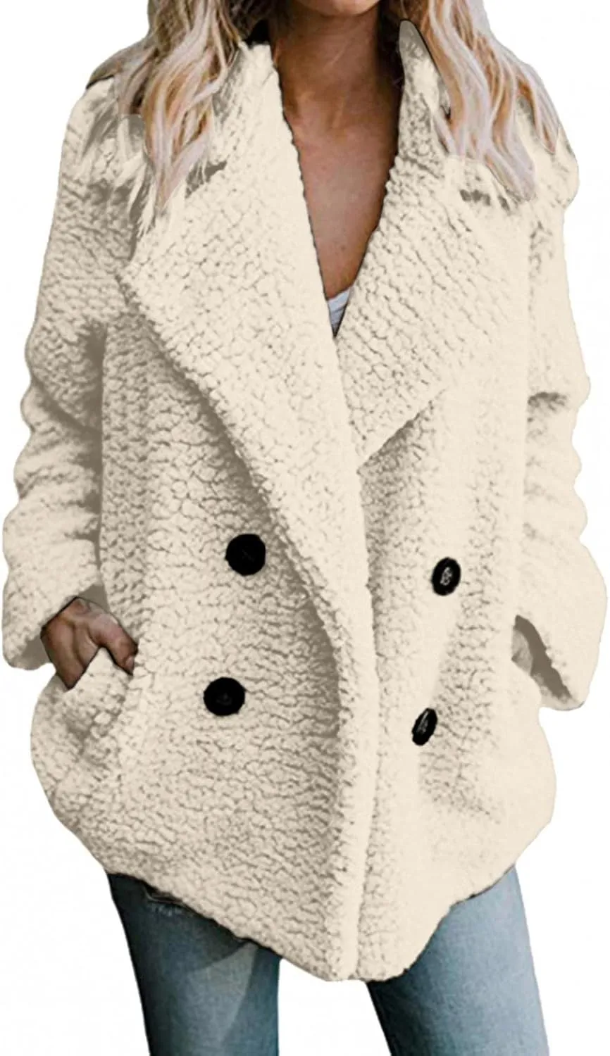 Womens Fashion Long Sleeve Lapel Zip Up Faux Shearling Shaggy Oversized Trench Coat Cozy Slouch Fleece Jacket Warm Winter