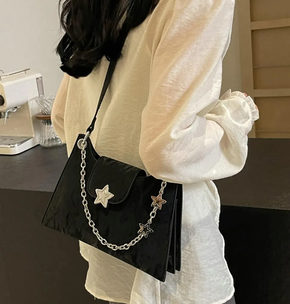 Womens Fashion Shoulder Bag Vegan Leather Hobo Bag Star Tote Bag Purse Small Cute Crossbody Bag
