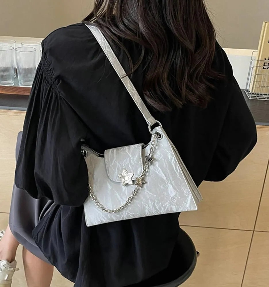 Womens Fashion Shoulder Bag Vegan Leather Hobo Bag Star Tote Bag Purse Small Cute Crossbody Bag