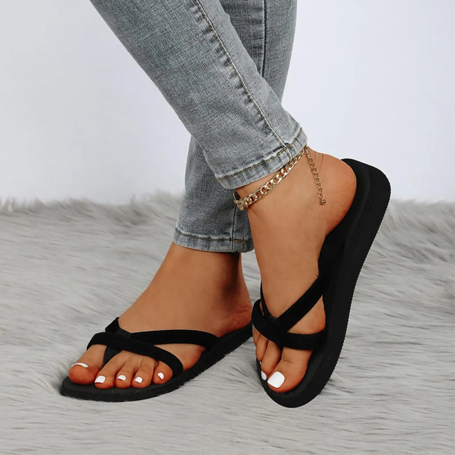 Women's Flat Slide Sandals Fashion Round Open Toe Beach Slippers Slip-on Sandals for Women Dressy Summer Flat Womens Sandals Open Toe Shoes Butterfly-Knot Bohemian Beach Sandals (Black-4, 8.5)