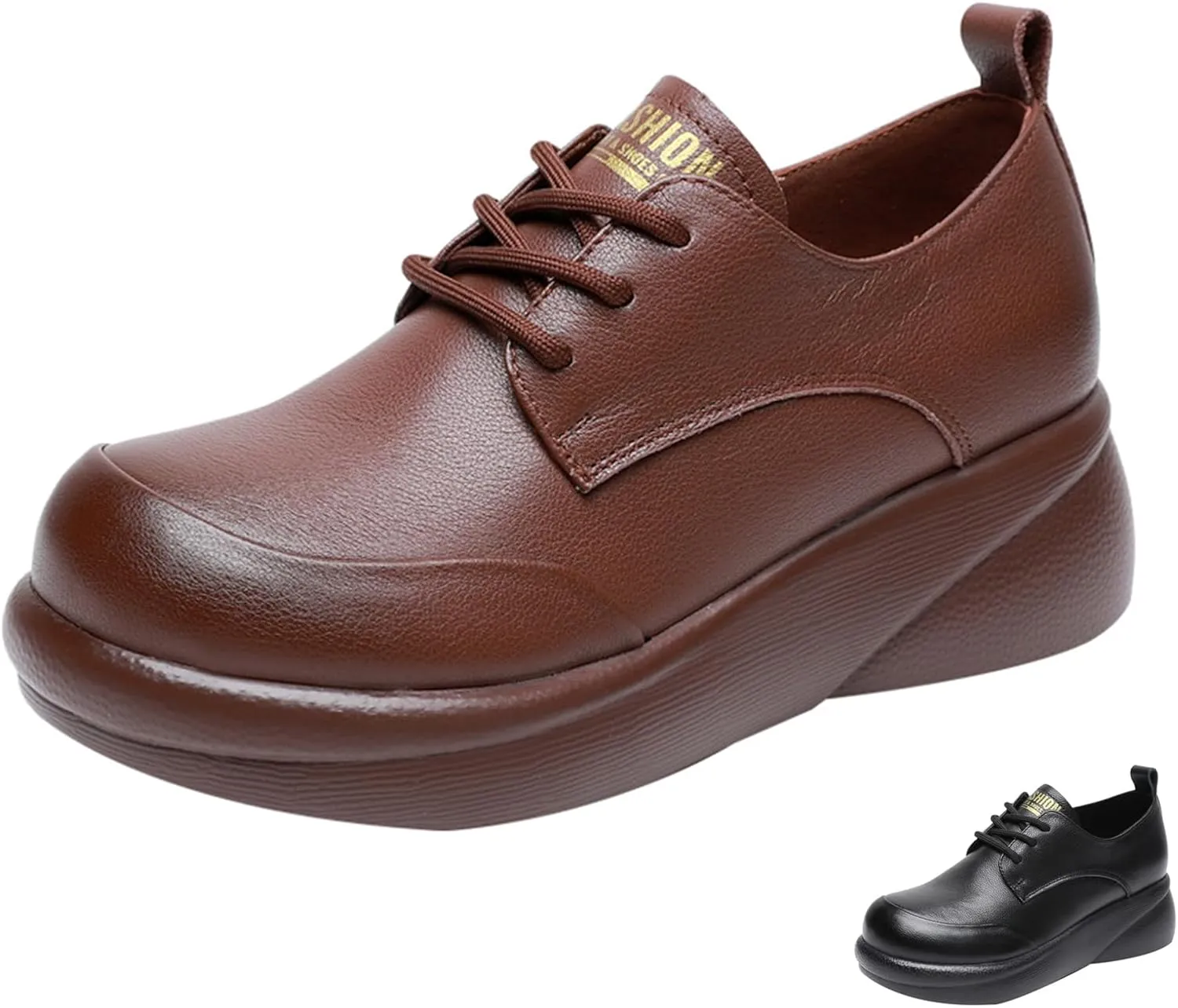 Women's Genuine Leather Platform Lace-up Loafers Fashion Round-Toe Wedge Soft Sole Oxford Shoes Comfortable Casual Business Work Office Dress Shoes