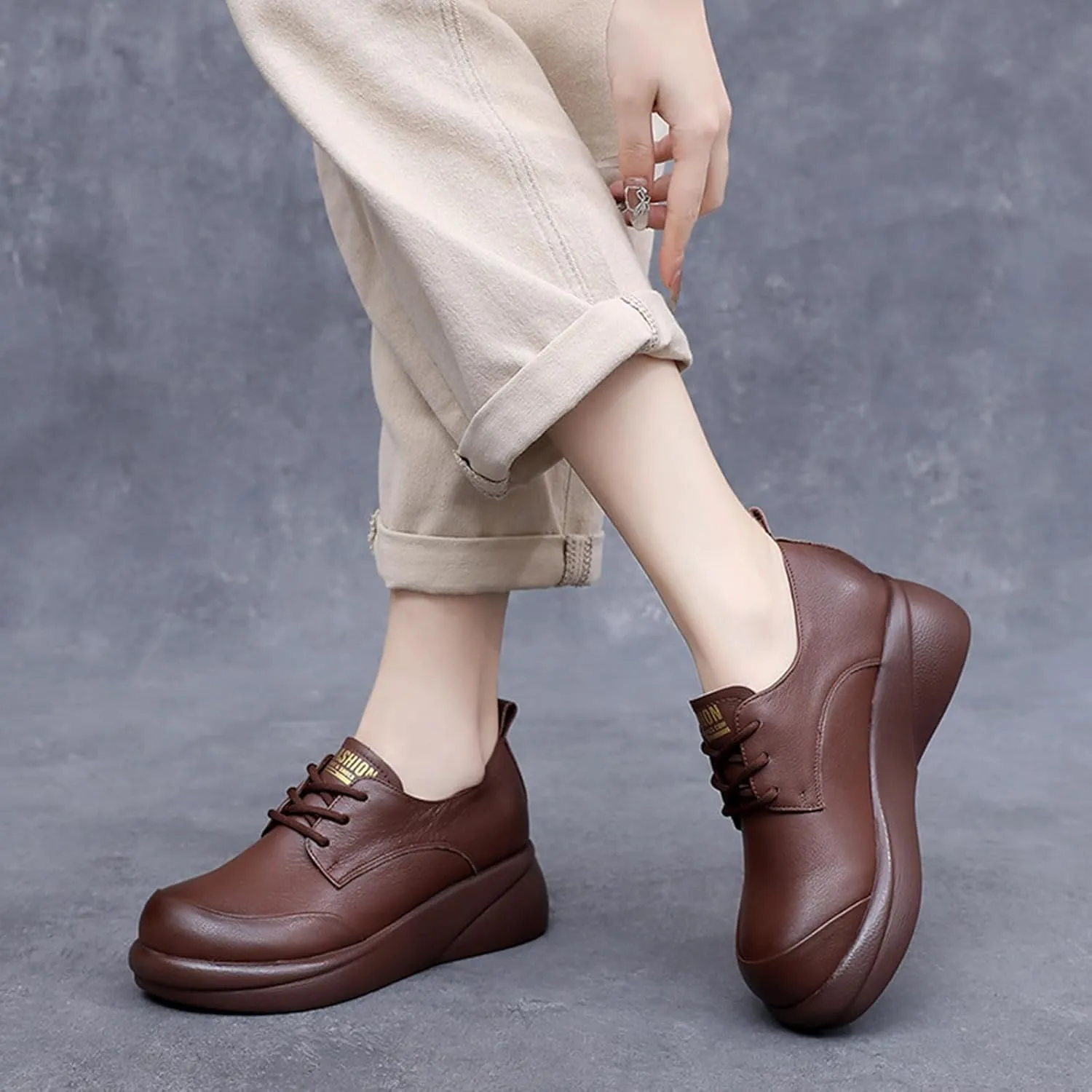 Women's Genuine Leather Platform Lace-up Loafers Fashion Round-Toe Wedge Soft Sole Oxford Shoes Comfortable Casual Business Work Office Dress Shoes