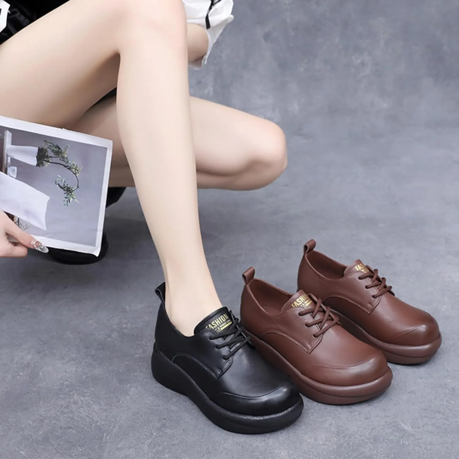 Women's Genuine Leather Platform Lace-up Loafers Fashion Round-Toe Wedge Soft Sole Oxford Shoes Comfortable Casual Business Work Office Dress Shoes