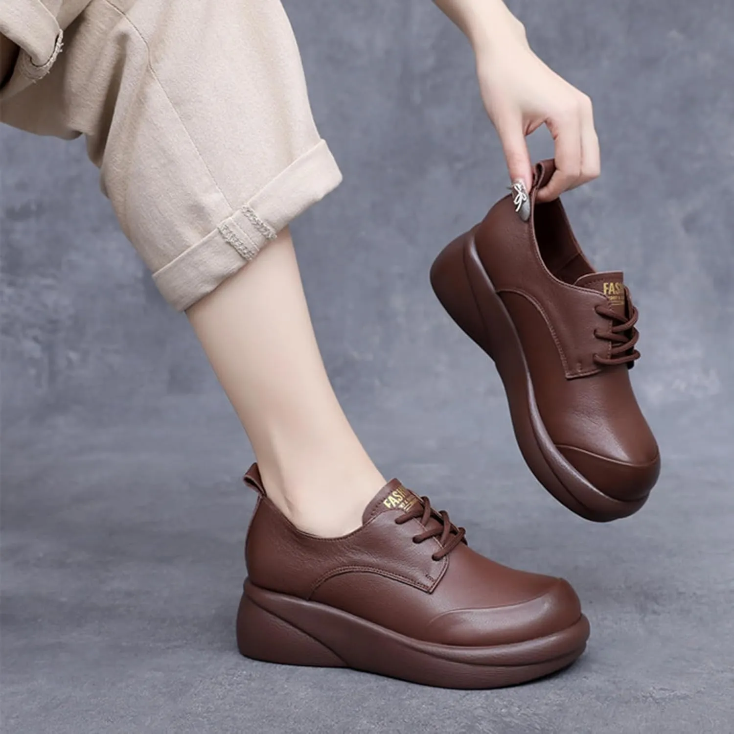 Women's Genuine Leather Platform Lace-up Loafers Fashion Round-Toe Wedge Soft Sole Oxford Shoes Comfortable Casual Business Work Office Dress Shoes