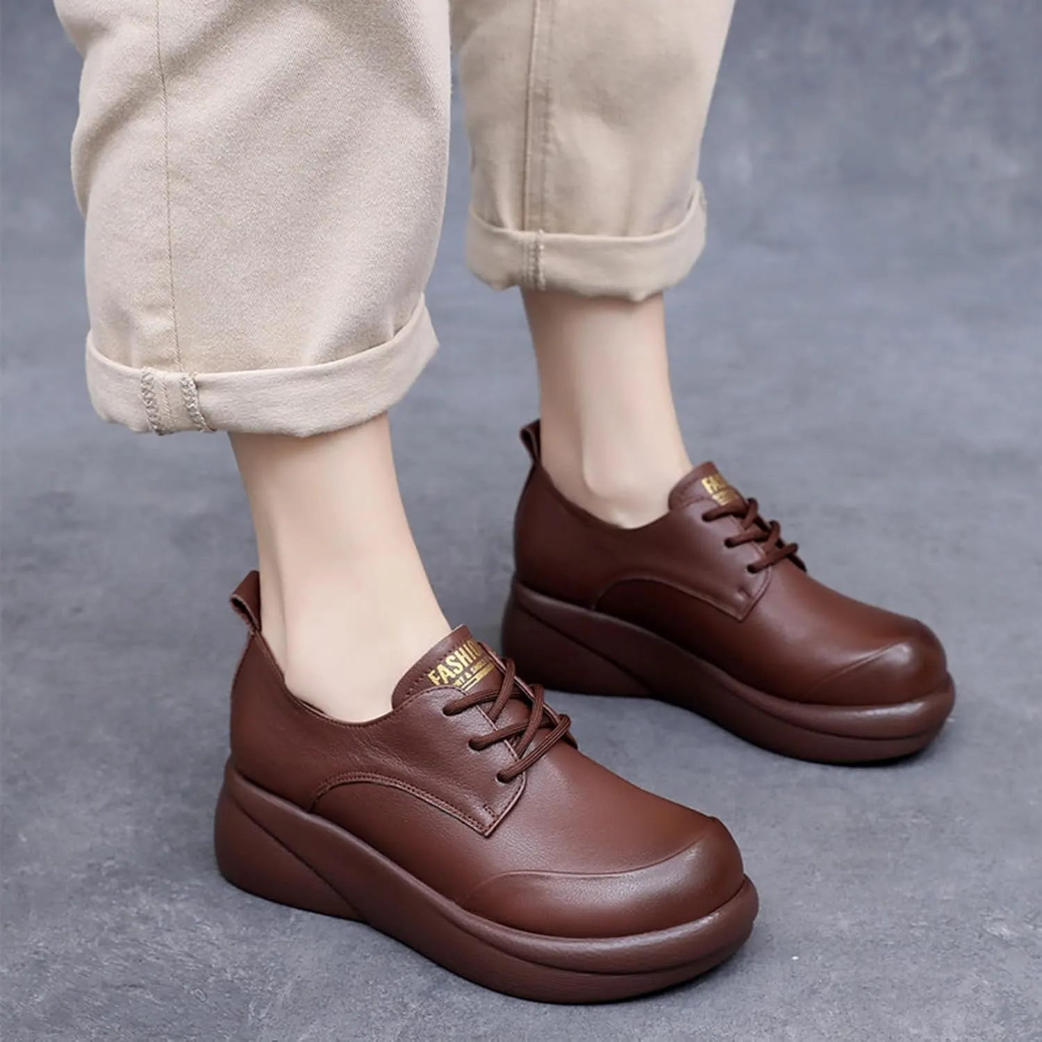 Women's Genuine Leather Platform Lace-up Loafers Fashion Round-Toe Wedge Soft Sole Oxford Shoes Comfortable Casual Business Work Office Dress Shoes