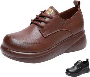 Women's Genuine Leather Platform Lace-up Loafers Fashion Round-Toe Wedge Soft Sole Oxford Shoes Comfortable Casual Business Work Office Dress Shoes