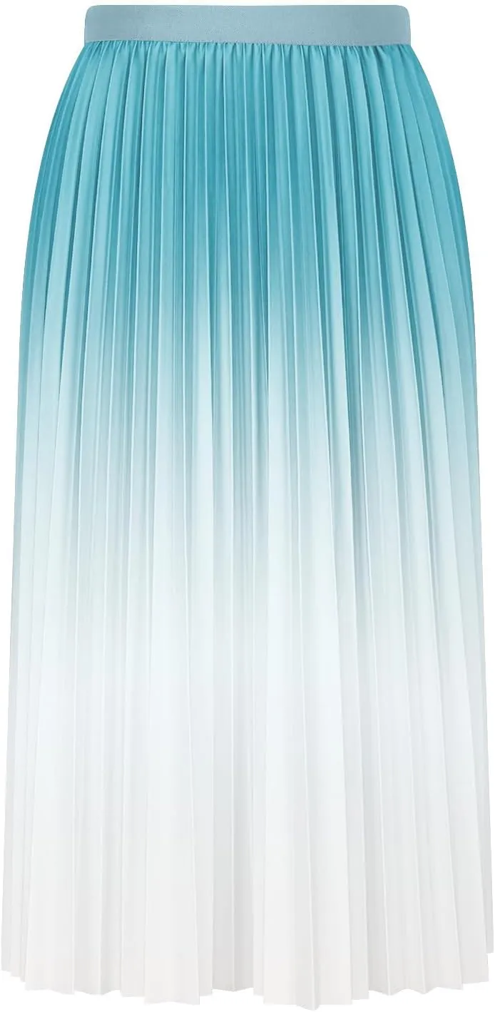 Womens Gradient Pleated Skirts A-Line Midi Skirts Trendy Casual High Elastic Waist Swing Skirt Slim A-Line Long Skirts