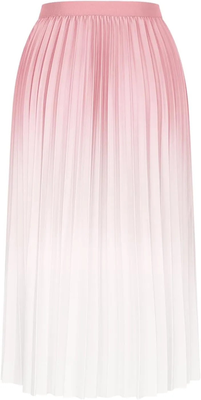 Womens Gradient Pleated Skirts A-Line Midi Skirts Trendy Casual High Elastic Waist Swing Skirt Slim A-Line Long Skirts