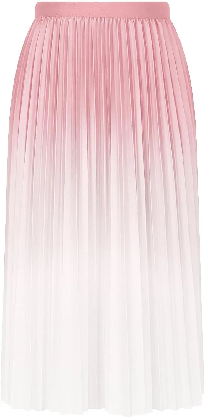 Womens Gradient Pleated Skirts A-Line Midi Skirts Trendy Casual High Elastic Waist Swing Skirt Slim A-Line Long Skirts