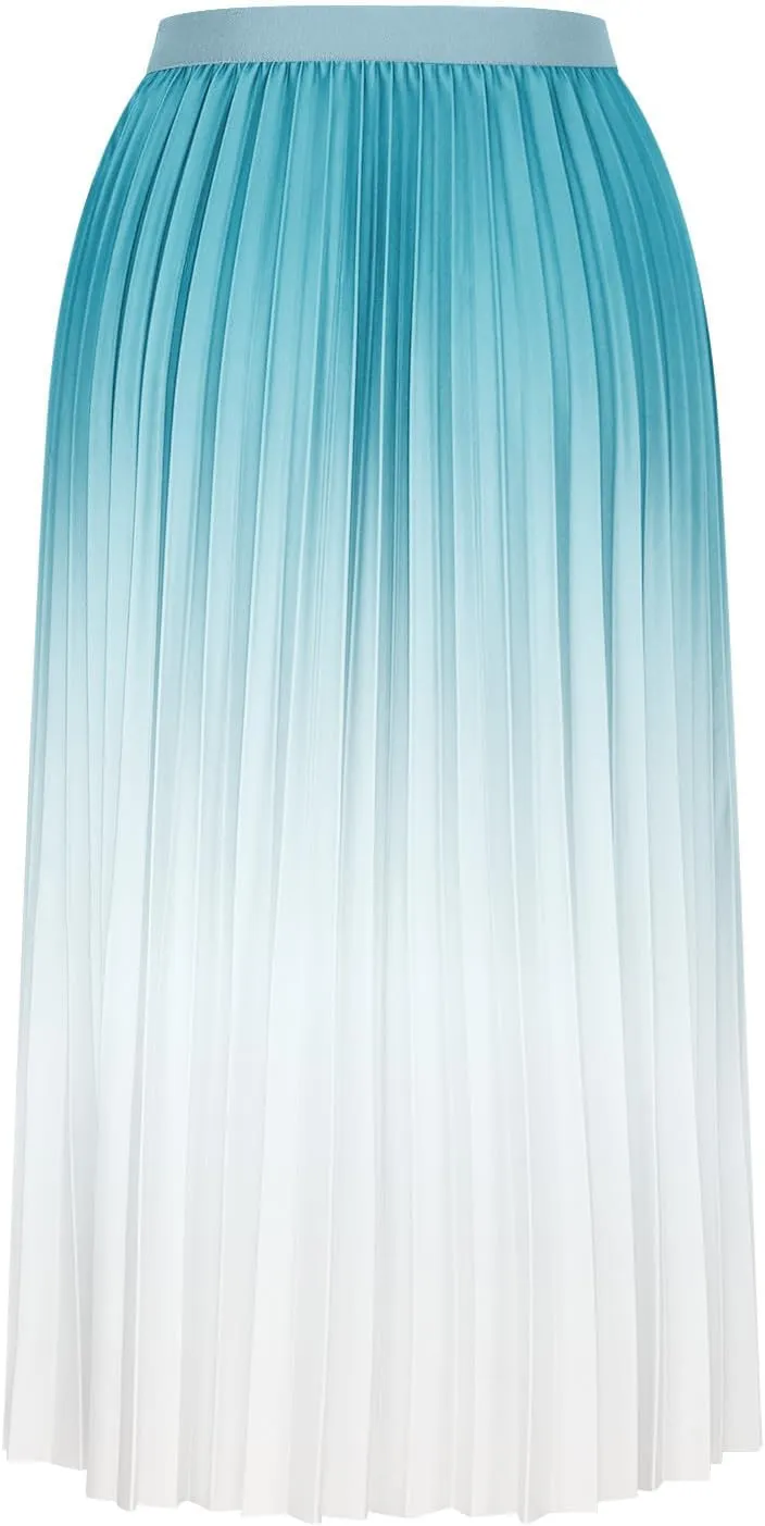Womens Gradient Pleated Skirts A-Line Midi Skirts Trendy Casual High Elastic Waist Swing Skirt Slim A-Line Long Skirts