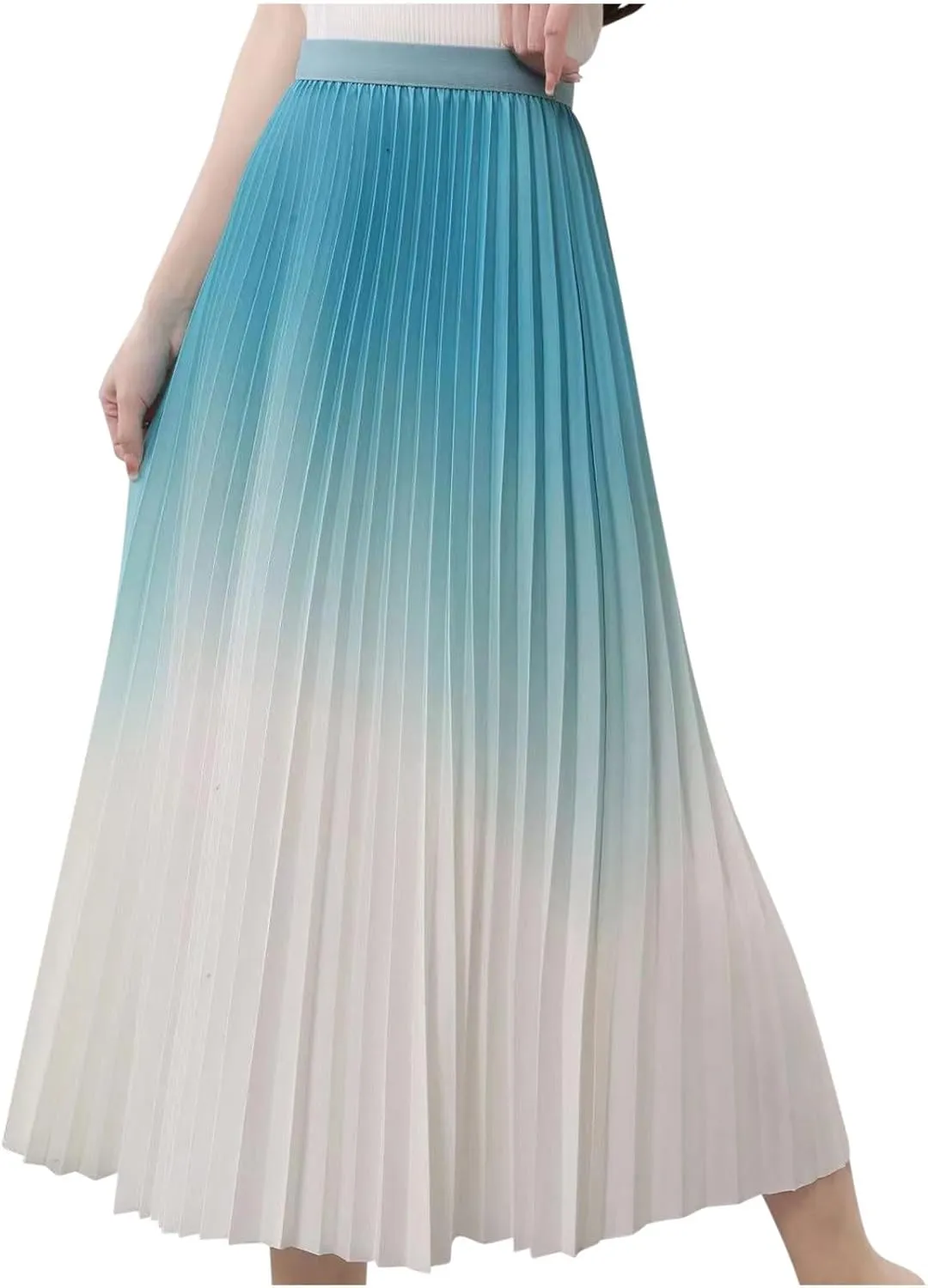 Womens Gradient Pleated Skirts A-Line Midi Skirts Trendy Casual High Elastic Waist Swing Skirt Slim A-Line Long Skirts