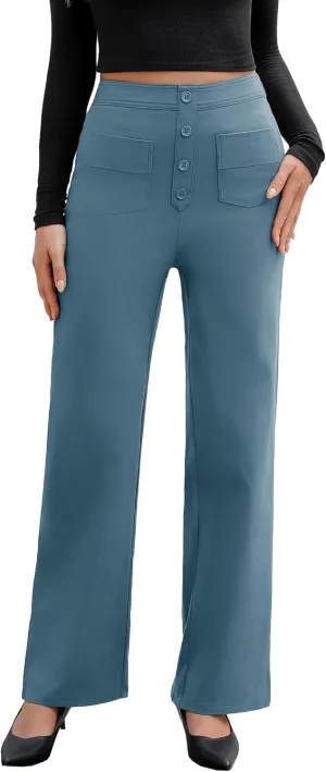 Womens High Waist Pants Stretchy Straight Leg Business Trousers Casual Button Down Work Pants with Pockets Blue