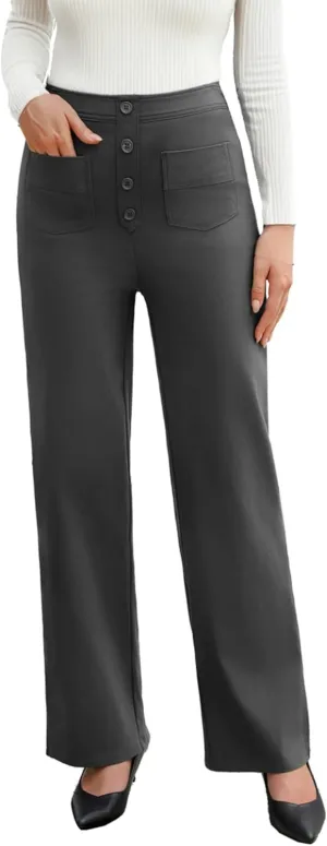 Womens High Waist Pants Stretchy Straight Leg Business Trousers Casual Button Down Work Pants with Pockets Dark Grey